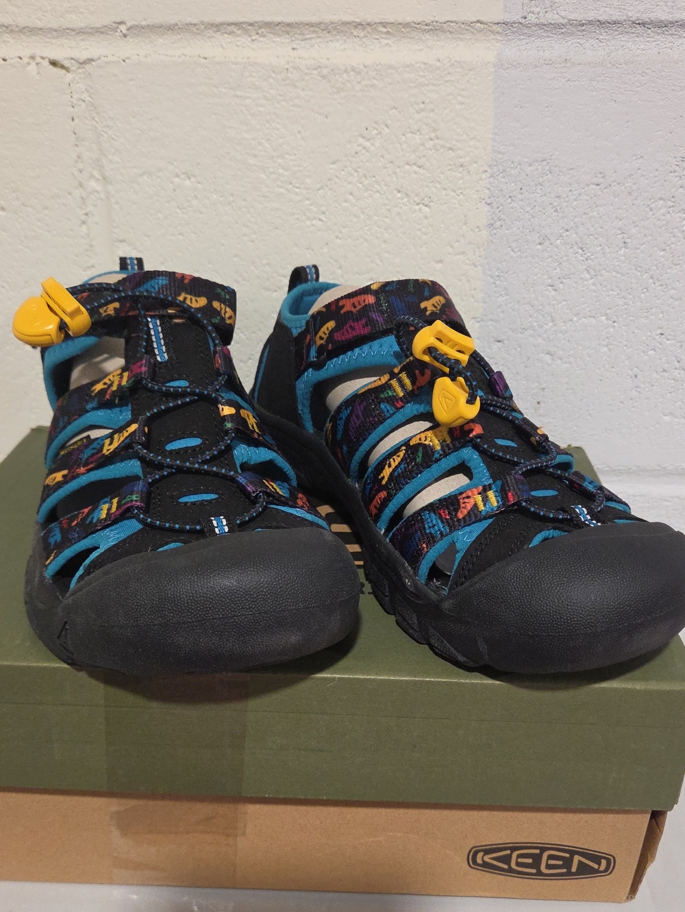Keen Kids Black and Blue Sandals with Yellow Accents